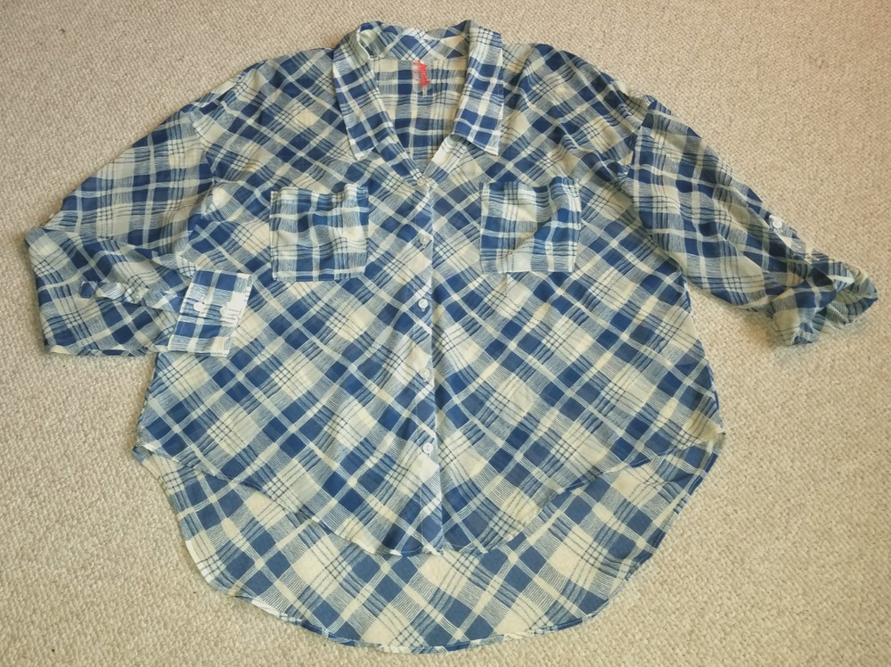 Womens Top-FREE PEOPLE-blue/ivory plaid gingham silky sheer high-low button-up-S